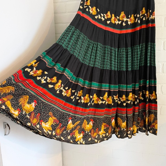 Vintage Carole Little Petites Novelty skirt Hen Chicken Black Kelly green 18 - Picture 5 of 15